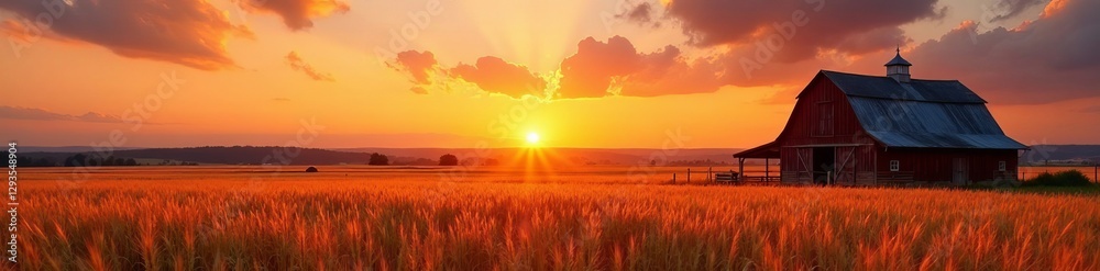 Vibrant sunset over golden wheat fields and rustic barn, fields, sunset