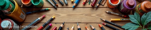 Arrangement of art supplies and tools on wooden table, creative, supplies