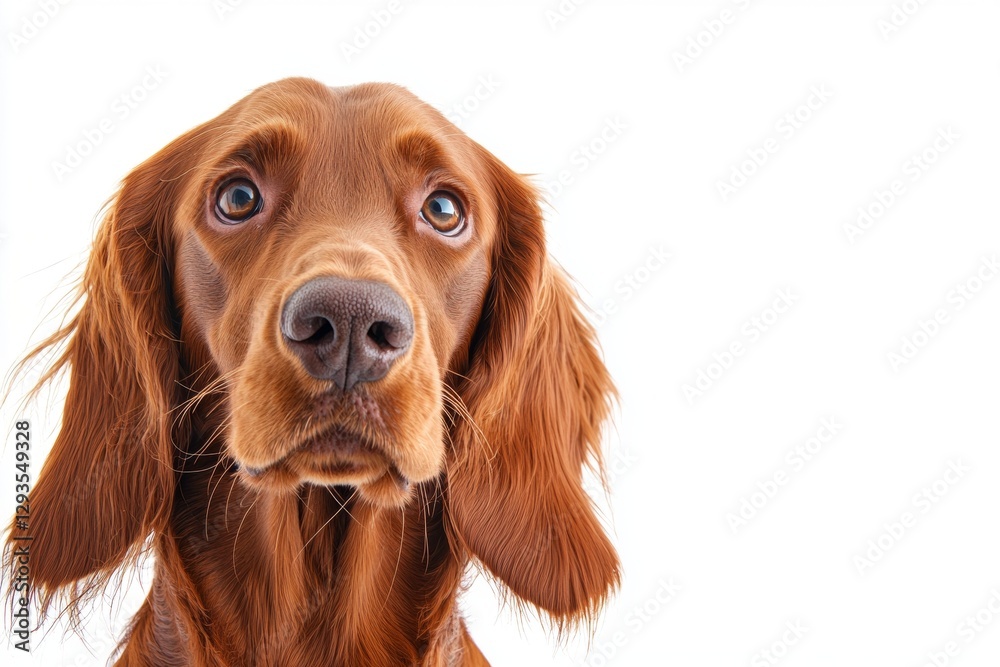 Studio portrait featuring a beautiful irish setter dog posing against a white background, highlighting elegant features and a captivating gaze filled with curiosity and affection Studio portrait featuring a beautiful irish setter dog posing against a white background, highlighting elegant features and a captivating gaze filled with curiosity and affection