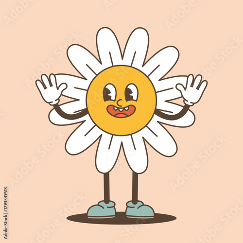 Hello spring, groove poster,postcard.Retro characters, 70s.Cartoon vector illustration