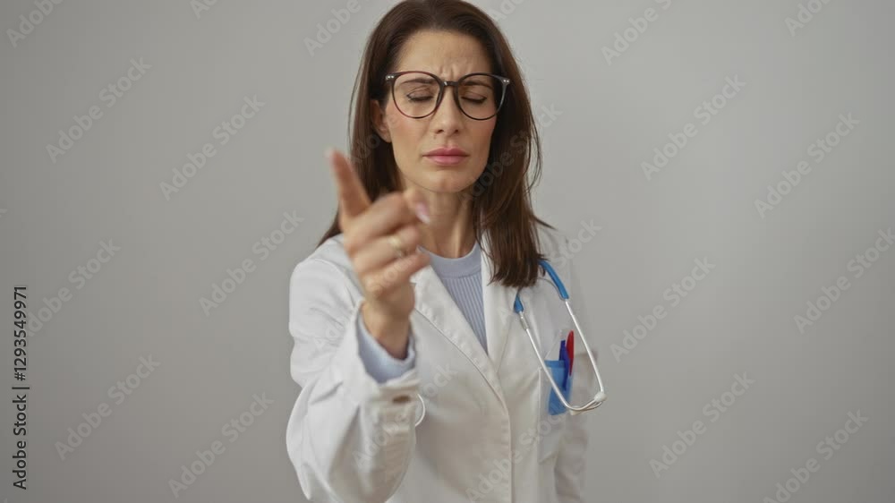 Doctor pointing seriously with finger towards camera over a white background, wearing glasses and a stethoscope, focusing intently on an unseen subject. Doctor pointing seriously with finger towards camera over a white background, wearing glasses and a stethoscope, focusing intently on an unseen subject.