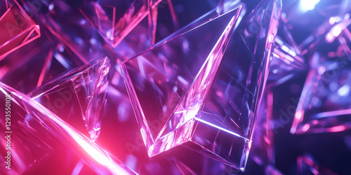 A high-tech abstract background inspired by crystalline formations, featuring transparent neon prisms refracting light into infinite geometric patterns. The luminous, futuristic composition creates an