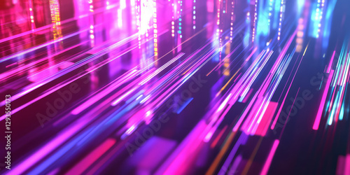 A mesmerizing abstract background with glowing light beams cascading through a digital prism. The refracted neon hues create a stunning high-tech visual, blending science-fiction aesthetics with