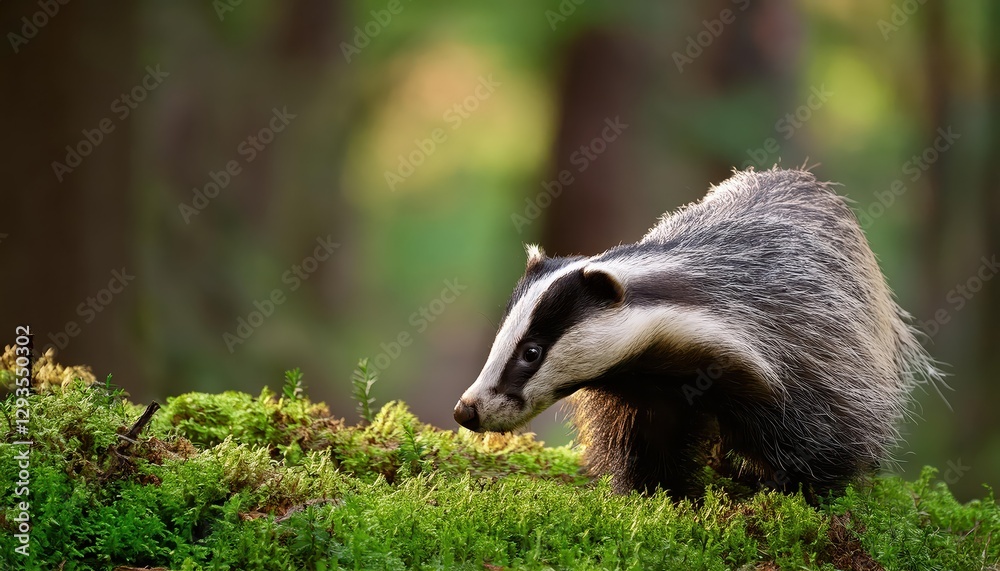Enchanting European Badger Gaze amidst Green Mossy Forest at Twilight, Capturing the Mystery and Whimsy of Old World Magic Enchanting European Badger Gaze amidst Green Mossy Forest at Twilight, Capturing the Mystery and Whimsy of Old World Magic