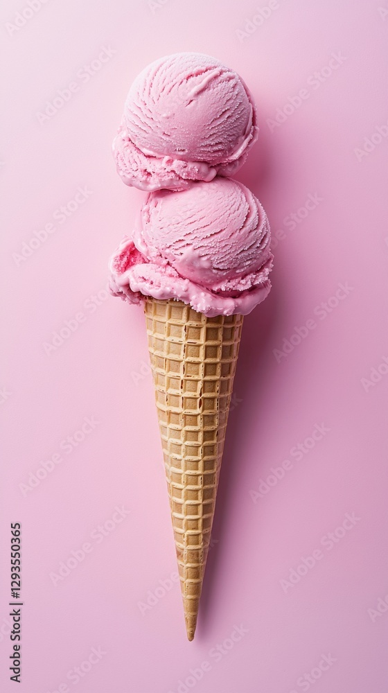 Two scoops of delicious pink ice cream are melting in a crispy waffle cone on a vibrant pink background, creating a sweet and refreshing summer treat Two scoops of delicious pink ice cream are melting in a crispy waffle cone on a vibrant pink background, creating a sweet and refreshing summer treat