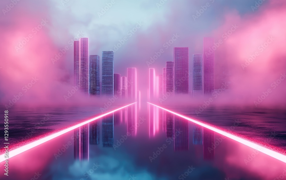Fototapeta premium A surreal cyberpunk city glowing in neon mist, where skyscrapers dissolve into liquid light and streets shift into endless digital pathways