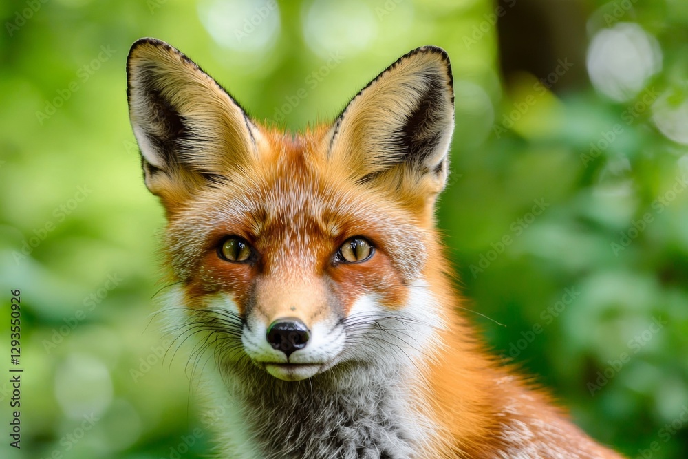 Red fox with pointy ears and bright eyes is staring intensely, creating a captivating portrait that showcases the beauty and alertness of wildlife in its natural habitat Red fox with pointy ears and bright eyes is staring intensely, creating a captivating portrait that showcases the beauty and alertness of wildlife in its natural habitat