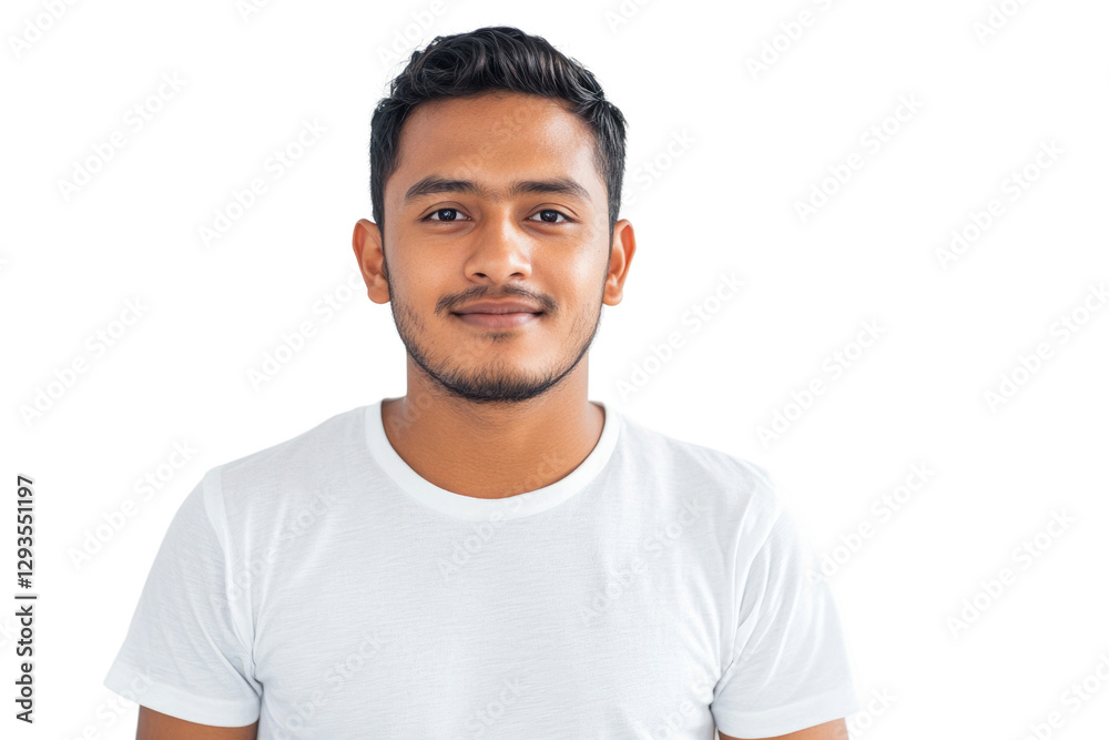 Man smiles confidently while wearing a plain white t-shirt in a bright setting Man smiles confidently while wearing a plain white t-shirt in a bright setting
