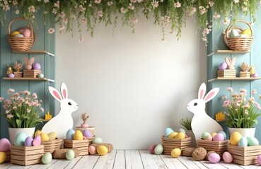 Easter photo studio backdrop with flowers, wooden rabbits, colorful eggs. Spring holiday decoration with flowering plants, festive design elements. Family kids photoshoot design, easter greeting card.