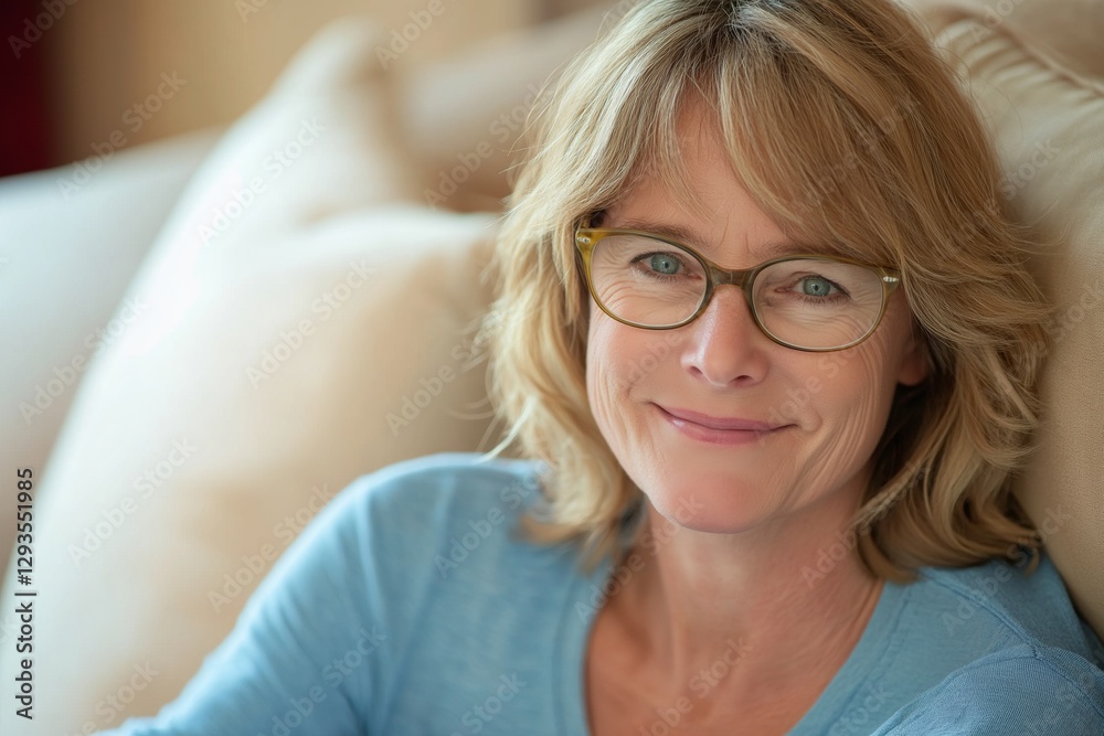Happy senior woman wearing eyeglasses smiling while relaxing on comfortable sofa at home, enjoying peaceful retirement and domestic comfort