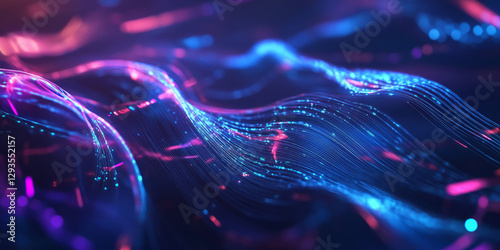 A surreal abstract background with fluid light ribbons flowing through a digital void. The luminous strands intertwine, forming intricate patterns of motion and energy. The high-tech ambiance is