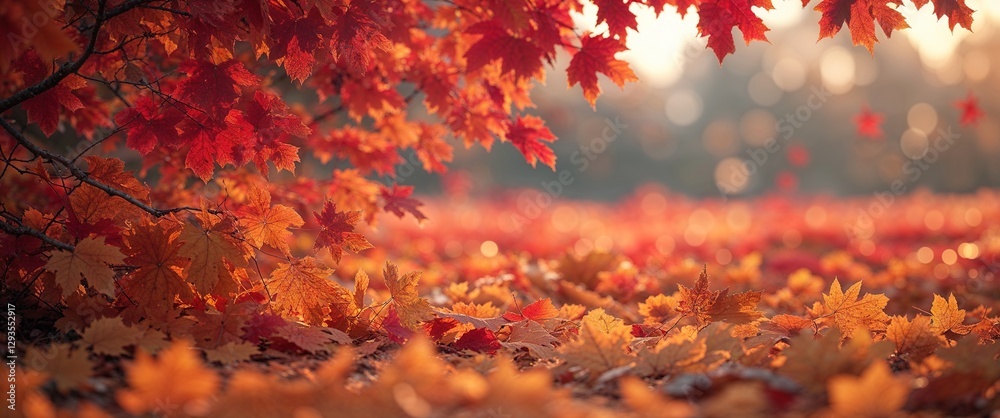 Golden and red leaves blanket the ground, highlighting the beauty of autumn. Soft sunlight filters through the trees, creating a serene and picturesque atmosphere Golden and red leaves blanket the ground, highlighting the beauty of autumn. Soft sunlight filters through the trees, creating a serene and picturesque atmosphere