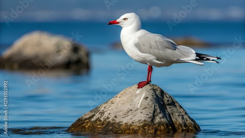 seagull on the beach , red billed gull perched on rock, black head, white wings, red bill, and serene water background photo
