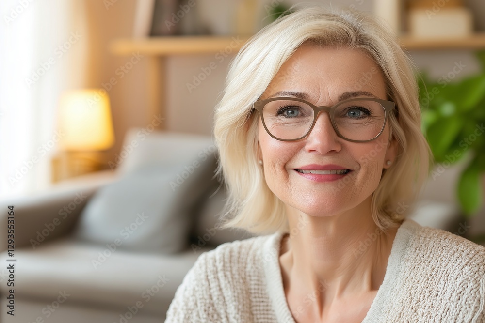 Happy retired woman wearing eyeglasses, smiling and posing in her cozy living room, enjoying free time and radiating relaxation and contentment in a serene atmosphere Happy retired woman wearing eyeglasses, smiling and posing in her cozy living room, enjoying free time and radiating relaxation and contentment in a serene atmosphere