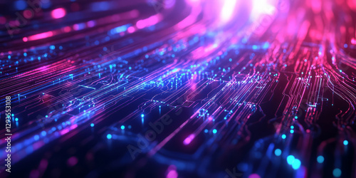 A futuristic abstract background with an intricate network of glowing data streams, forming a high-tech digital matrix. The design includes pulsating holographic nodes, cybernetic energy waves, and