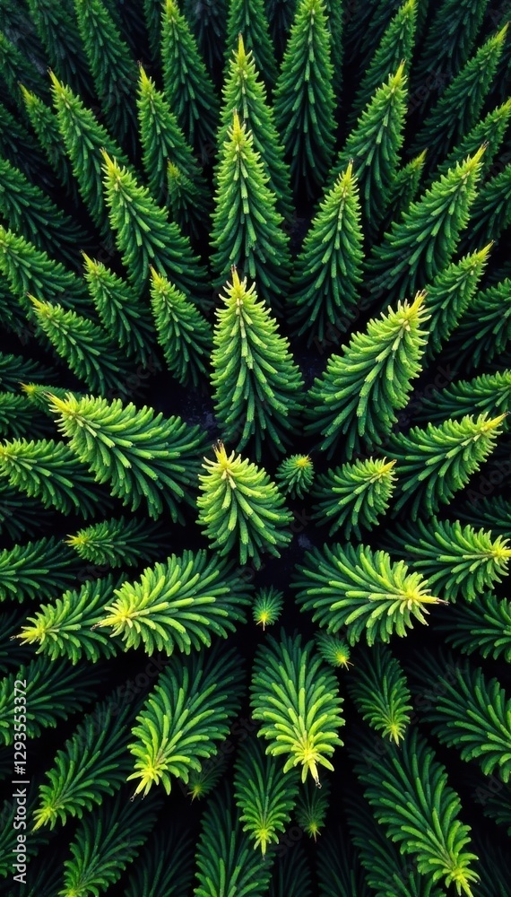 Aerial panoramic view of dense evergreen pine forest, panorama, coniferous Aerial panoramic view of dense evergreen pine forest, panorama, coniferous