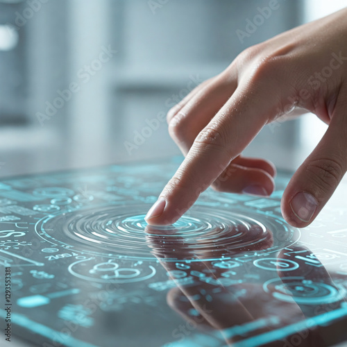 Dito che tocca un tablet tecnologico del futuro