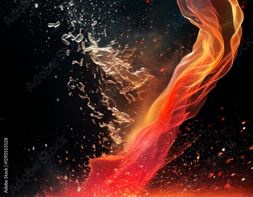 a water plume of bright red orange shades of water splashes and droplets flying in the air on a black background. water floating spray ensemble