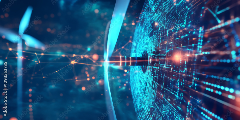 Fototapeta premium A mesmerizing futuristic AI-driven renewable energy grid, featuring glowing cybernetic solar panel connections, pulsating holographic wind turbine networks, and swirling digital sustainability