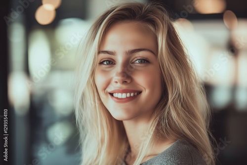 Wallpaper Mural Happy young blonde woman smiling with perfect white teeth, showcasing her beauty indoors against a softly blurred background, dressed in a cozy gray sweater Torontodigital.ca