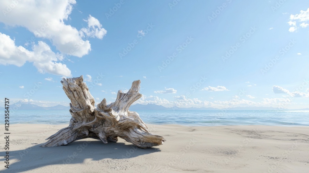 Driftwood on a serene beach under a bright blue sky with scattered clouds, evoking tranquility and solitude. Driftwood on a serene beach under a bright blue sky with scattered clouds, evoking tranquility and solitude.
