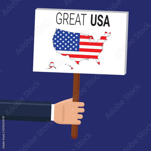 Hand Holding Sign with USA Map and American Flag in Minimalist Political Concept