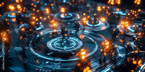 A futuristic AI-driven swarm intelligence coordination network, displaying glowing cybernetic decentralized decision-making pathways, pulsating holographic multi-agent system grids, and swirling