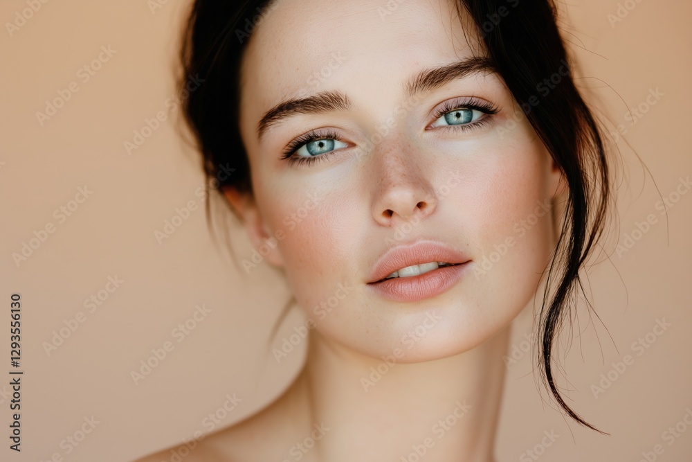 Fototapeta premium Captivating close-up portrait of a beautiful young caucasian woman with clear skin, full lips, and striking blue eyes against a warm, neutral background