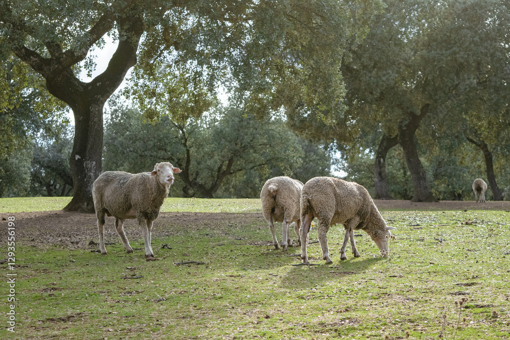 group of sheep graze and one of them bleats on a beautiful sunny spring day group of sheep graze and one of them bleats on a beautiful sunny spring day