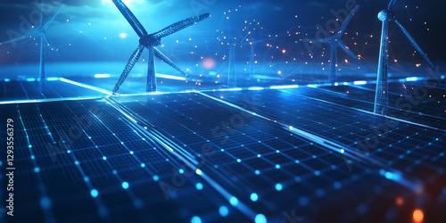 A mesmerizing futuristic AI-driven renewable energy grid, featuring glowing cybernetic solar panel connections, pulsating holographic wind turbine networks, and swirling digital sustainability