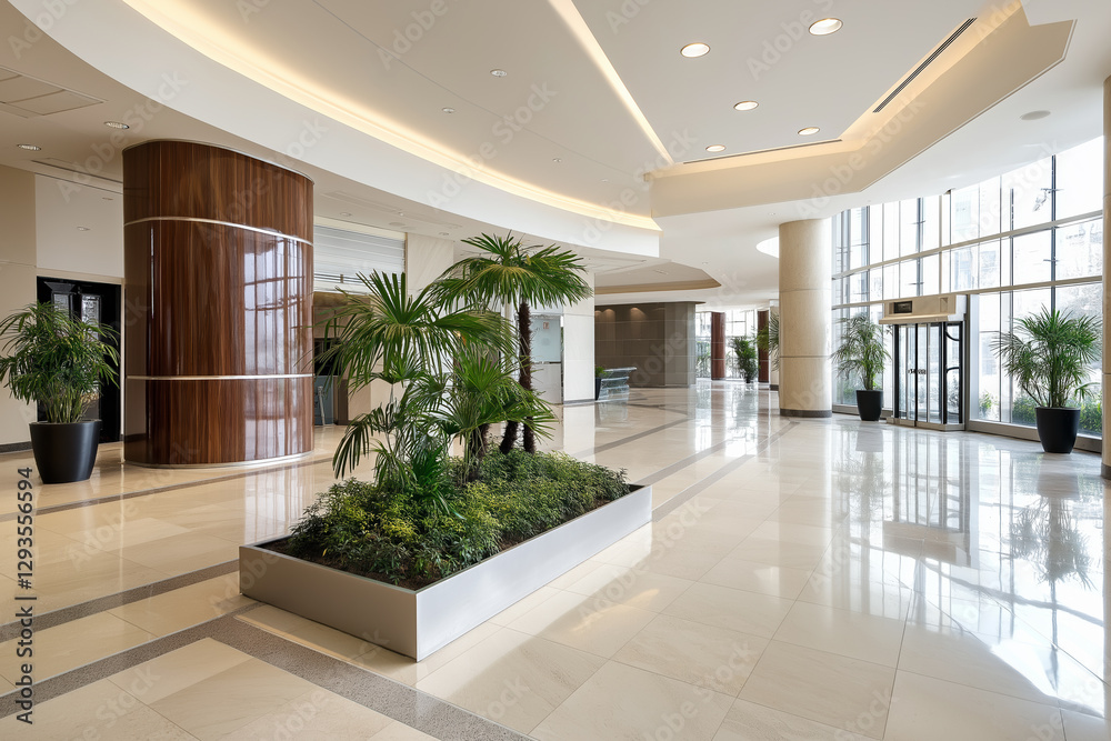 Fototapeta premium Bright and modern commercial interior showcasing lush greenery and elegant design elements, ideal for business environments