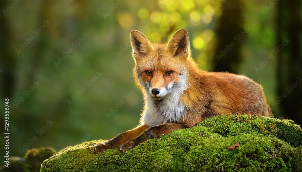 Obraz premium Majestic Fox Perched on Mossy Rock Amidst a Verdant Forest Canopy, Cloaked in a Misty Twilight Glow serene tranquility encapsulating the rustic charm of natures haven.