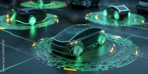 A futuristic AI-driven next-generation electric vehicle ecosystem, displaying glowing cybernetic real-time battery optimization pathways, pulsating holographic self-driving navigation grids, and photo