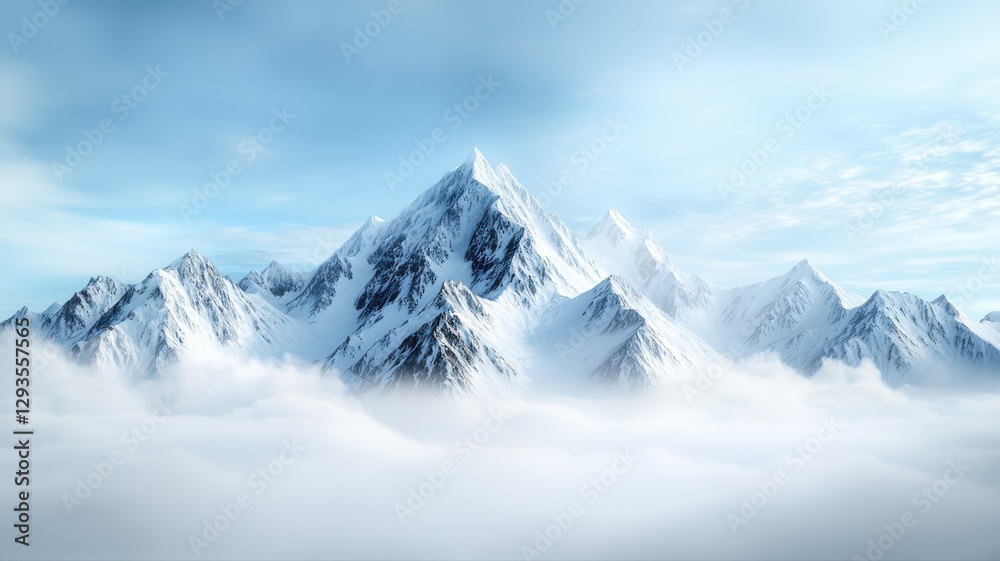 Obraz premium Majestic snow-covered mountains soar above clouds, under a serene blue sky, capturing nature's pristine beauty.