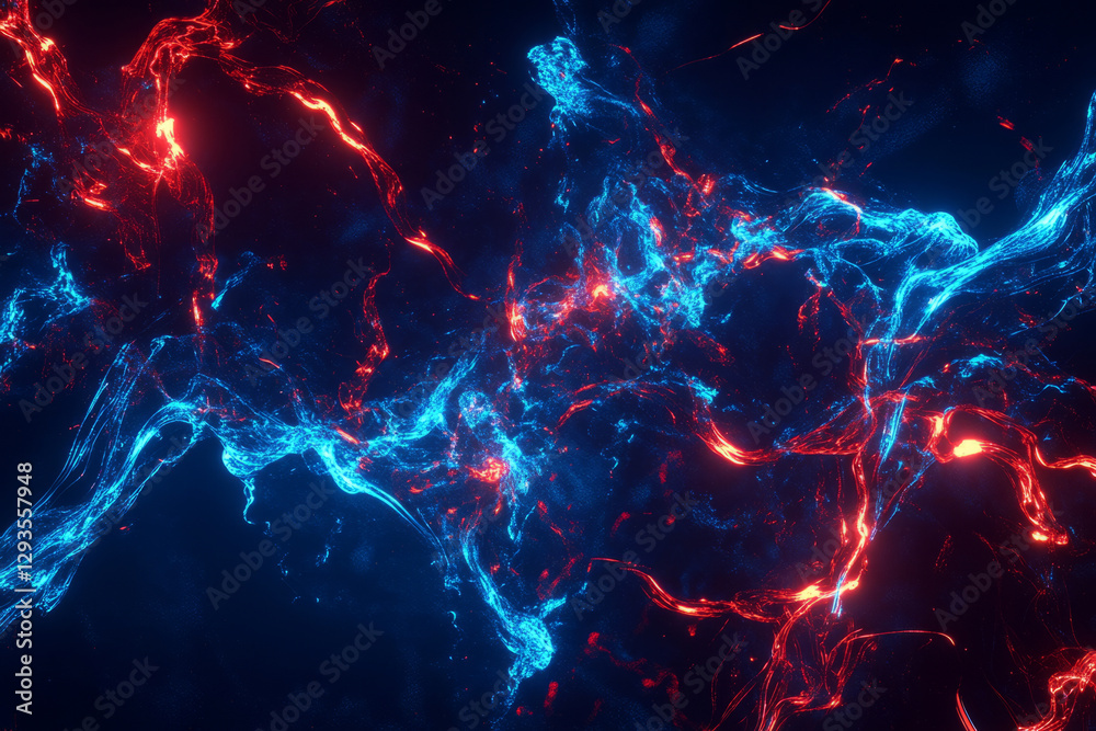 Obraz premium Abstract cybernetic wave composed of flowing luminous particles, high-tech futuristic concept, deep blue and vibrant red neon effects, ultra-HD, digital innovation.