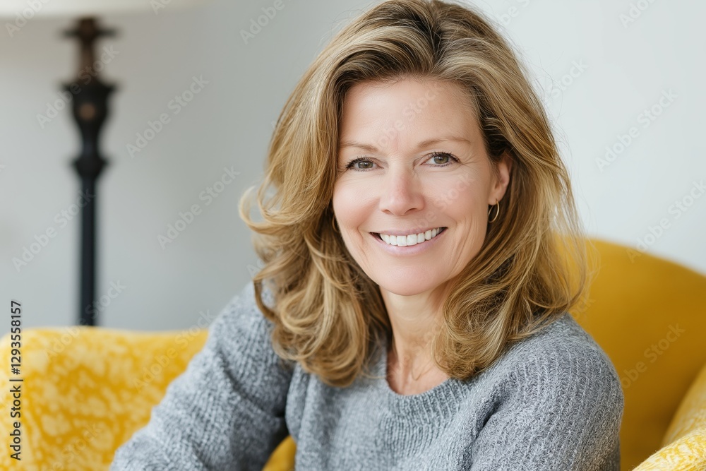 Happy mature woman with blond hair and gray sweater smiling while sitting on a comfortable yellow sofa in her modern living room, enjoying a relaxing moment at home Happy mature woman with blond hair and gray sweater smiling while sitting on a comfortable yellow sofa in her modern living room, enjoying a relaxing moment at home