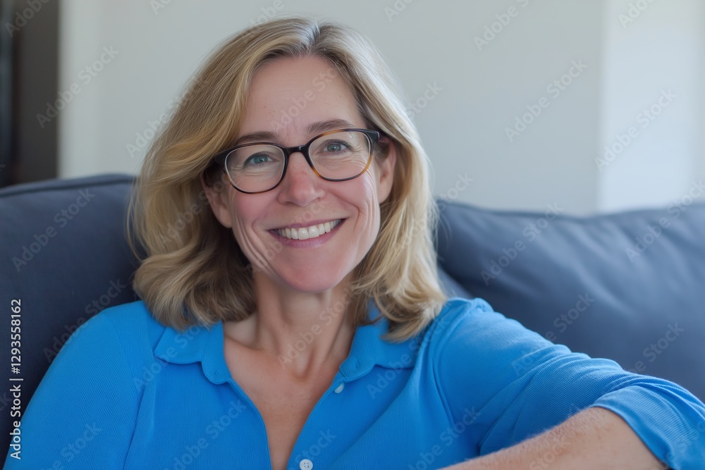 Happy blond woman with glasses smiling while sitting comfortably on a cozy sofa in her bright living room, enjoying a peaceful and relaxing day at home surrounded by warmth and comfort Happy blond woman with glasses smiling while sitting comfortably on a cozy sofa in her bright living room, enjoying a peaceful and relaxing day at home surrounded by warmth and comfort