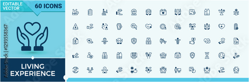 Living Experience minimal icon set. It contains symbols to life, car, home, lifestyle, family, health and more. Perfect for logos and infographic. Minimal icon pack.