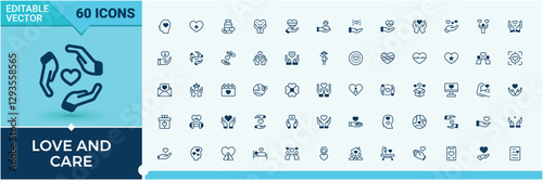 Love And Care modern icons set. Contains related to donation, app, interaction, couple, business, solidarity, quality, art. Flat UI icon design. Editable stroke icon collections.