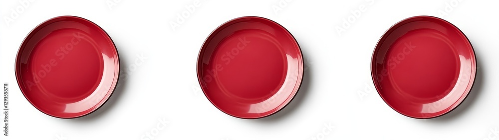 Three Red Plates Arranged in a Row on White Background Three Red Plates Arranged in a Row on White Background