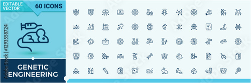 Genetic Engineering icons. Contains linear outline icons like bio, molecule, science, gmo, info, technology, structure and more. Isolated icon. Solid line editable stroke. Vector collection.