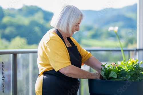 Elderly woman gardening on a sunny balcony with flowers photo