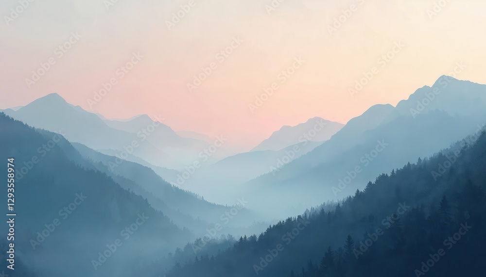 Misty blue mountain range landscape with fog, forest in valley. Calm natural gradient background of hills, mountains with soft sunset sky for meditation, relaxation. Nature backdrop, wallpaper. Misty blue mountain range landscape with fog, forest in valley. Calm natural gradient background of hills, mountains with soft sunset sky for meditation, relaxation. Nature backdrop, wallpaper.