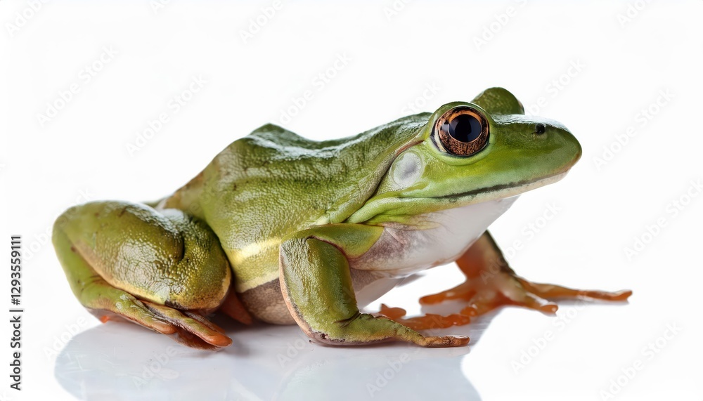 CloseUp of Frog on White Vibrant Green Amphibian in High Contrast against Pure Background, Capturing Intimate Moment with Detail and Clarity, Perfect for Nature Artwork or Decor. CloseUp of Frog on White Vibrant Green Amphibian in High Contrast against Pure Background, Capturing Intimate Moment with Detail and Clarity, Perfect for Nature Artwork or Decor.