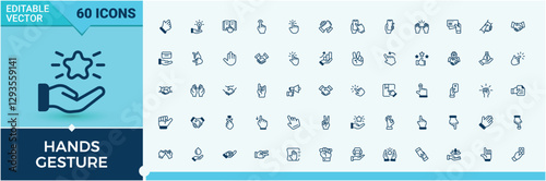 Hands Gesture line icons set. Includes icons for love, point, push, stop, crossed, like, mobile, help. Outline icon collection. Solid line editable stroke. Vector line and solid icons.
