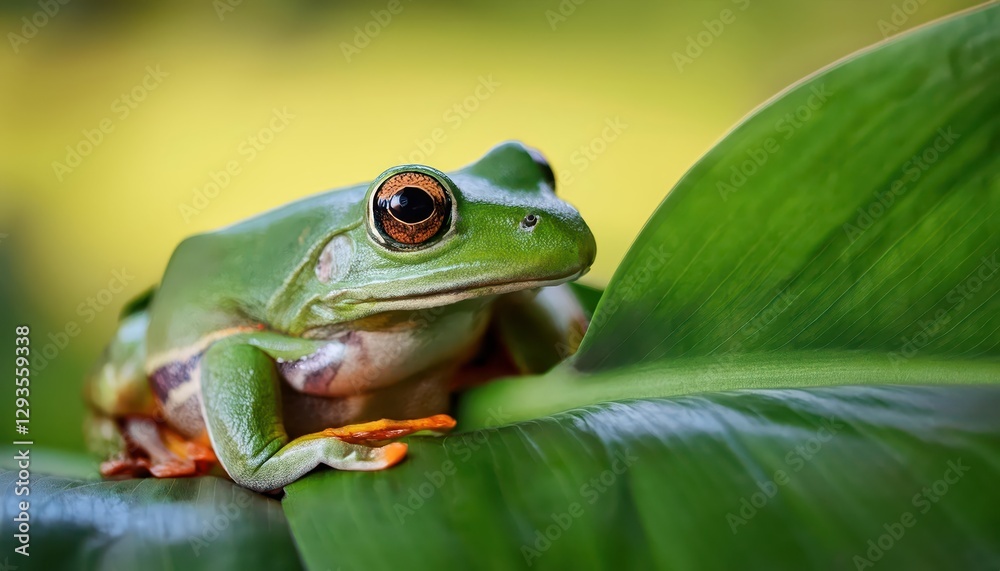 Majestic Frog Perched on Lush Leaf Amidst Vibrant Sunset Forest Backdrop, Capturing Serene Tranquility and the Hidden Beauty of Natures Palette. Majestic Frog Perched on Lush Leaf Amidst Vibrant Sunset Forest Backdrop, Capturing Serene Tranquility and the Hidden Beauty of Natures Palette.