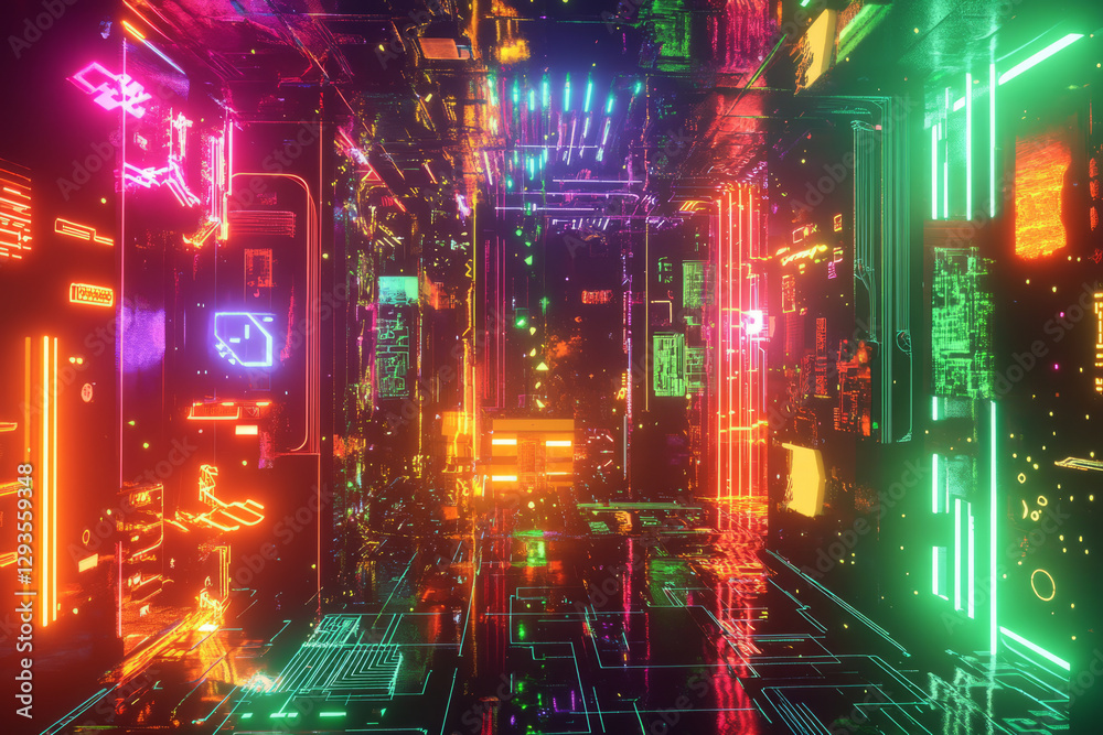 High-tech abstract background with a 3D-rendered floating circuit board, neon pathways, and luminous electric pulses traveling through the complex structure. The cybernetic design includes holographic High-tech abstract background with a 3D-rendered floating circuit board, neon pathways, and luminous electric pulses traveling through the complex structure. The cybernetic design includes holographic