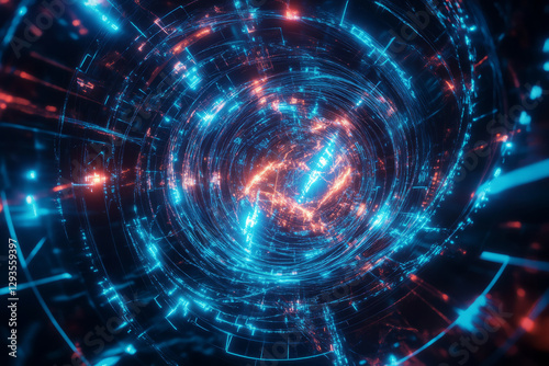 A swirling mass of neon-lit cybernetic energy  forming an abstract futuristic AI-driven neural network. The high-tech futuristic background represents artificial intelligence  machine learning  and