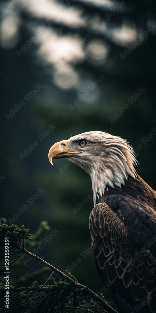 Fototapeta premium Bald eagle in profile with forest backdrop.