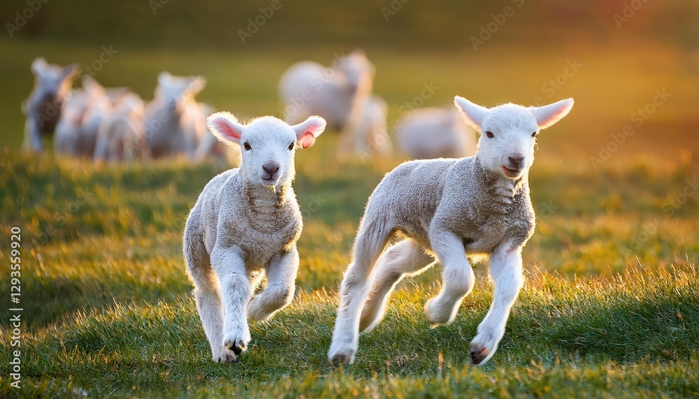 Playful Springtime Frolic Joyous Lambs Bounding Across a Blossoming Meadow, Capturing the Spirit of New Beginnings in a Scenic Pastoral Landscape. Playful Springtime Frolic Joyous Lambs Bounding Across a Blossoming Meadow, Capturing the Spirit of New Beginnings in a Scenic Pastoral Landscape.